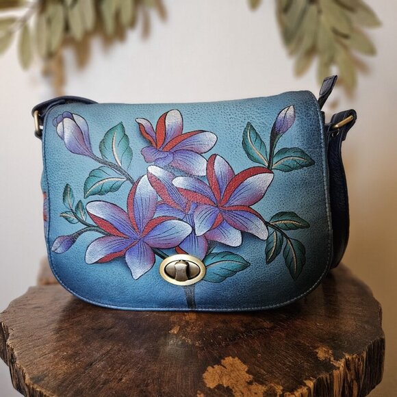 Anuschka Hand Painted Leather Shoulder Bag Blue Floral Turnlock - Picture 15 of 16
